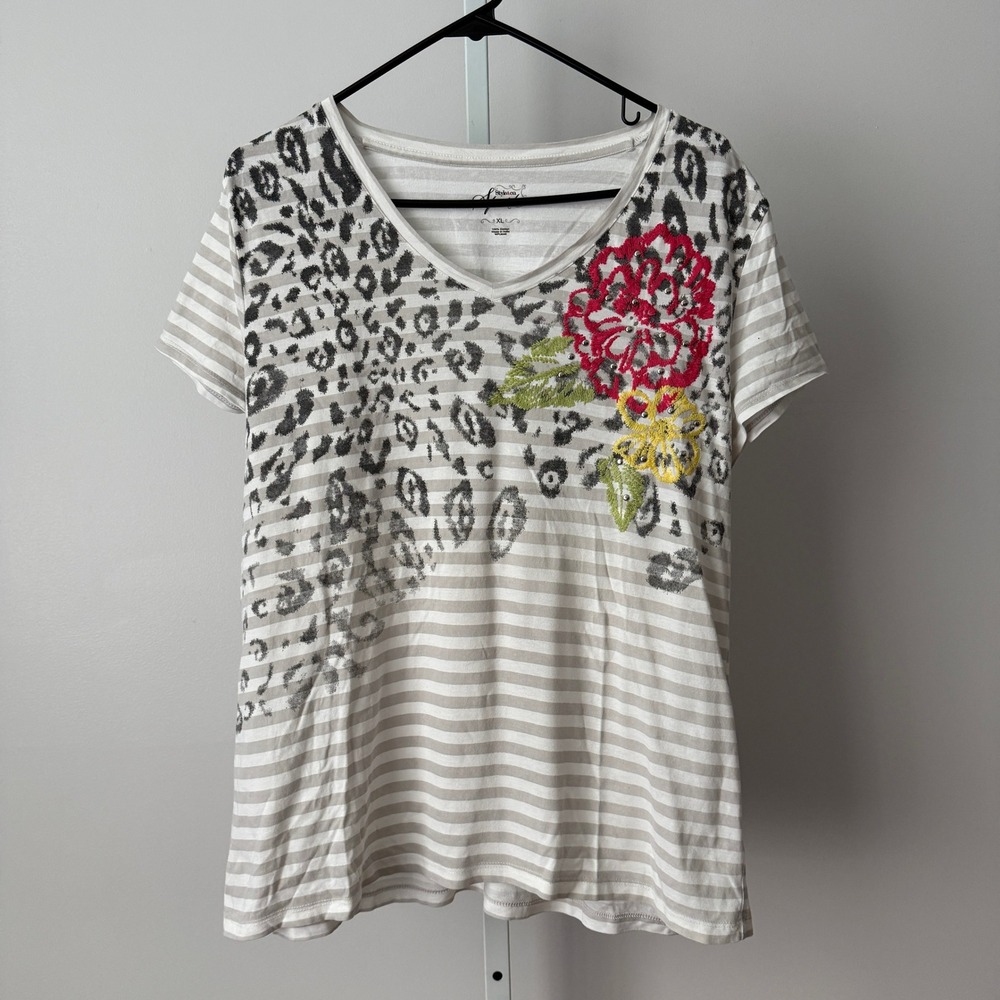 Style & Co XL Gray Striped T-Shirt Leopard Floral Embroidery Slouchy Flowy - Picture 1 of 5